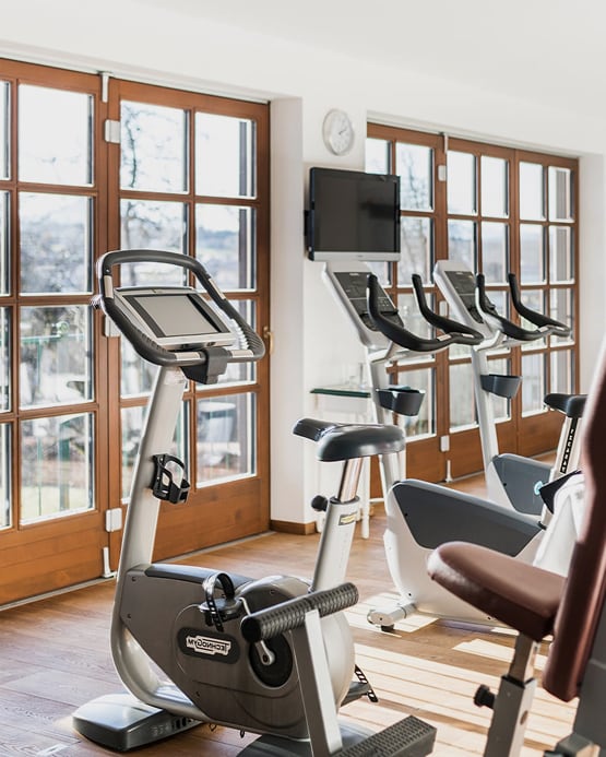 Heimtrainer in einem hellen Fitnessraum vor großen Fenstern mit Holzelementen.