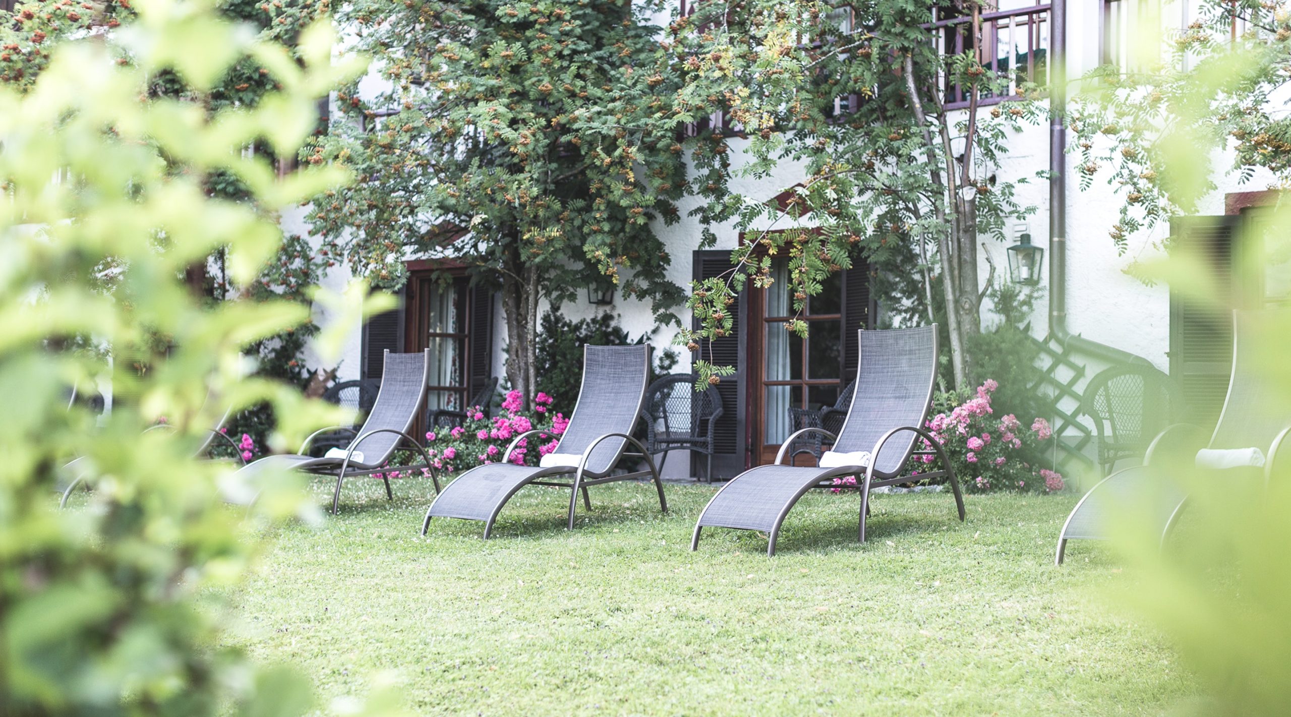Bequeme Sonnenliegen auf einer grünen Wiese vor einem idyllischen Gartenbereich eines Hauses.