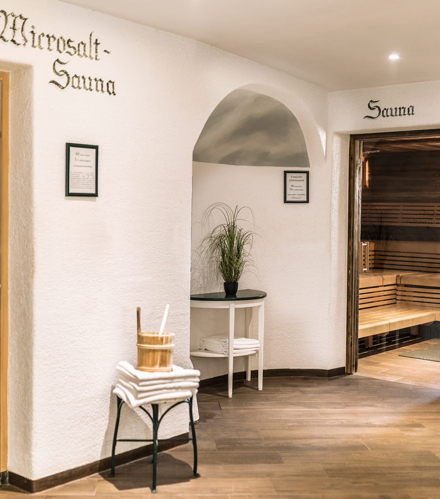 Eingangsbereich einer Microsalt-Sauna und einer klassischen Sauna mit Holzbänken im Wellnessbereich.