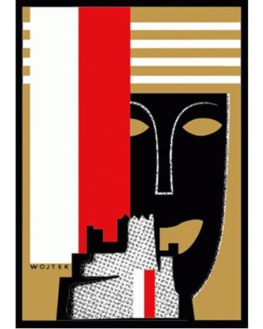 Grafik von Wojtek: Schwarze Maske, rot-weiße Flaggenfarben und eine angedeutete Stadt-Silhouette.